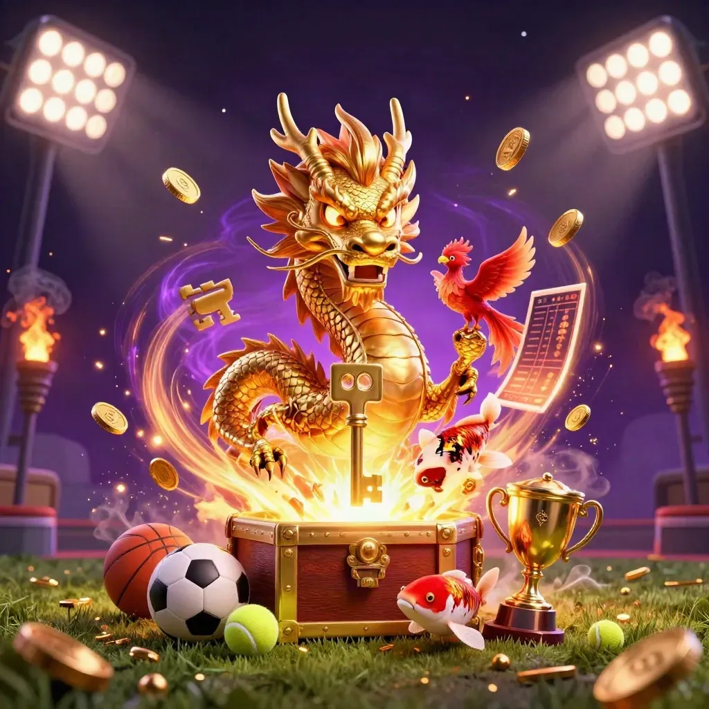 Golden dragon, phoenix, koi and sports balls bursting with gold light in purple casino fantasy.