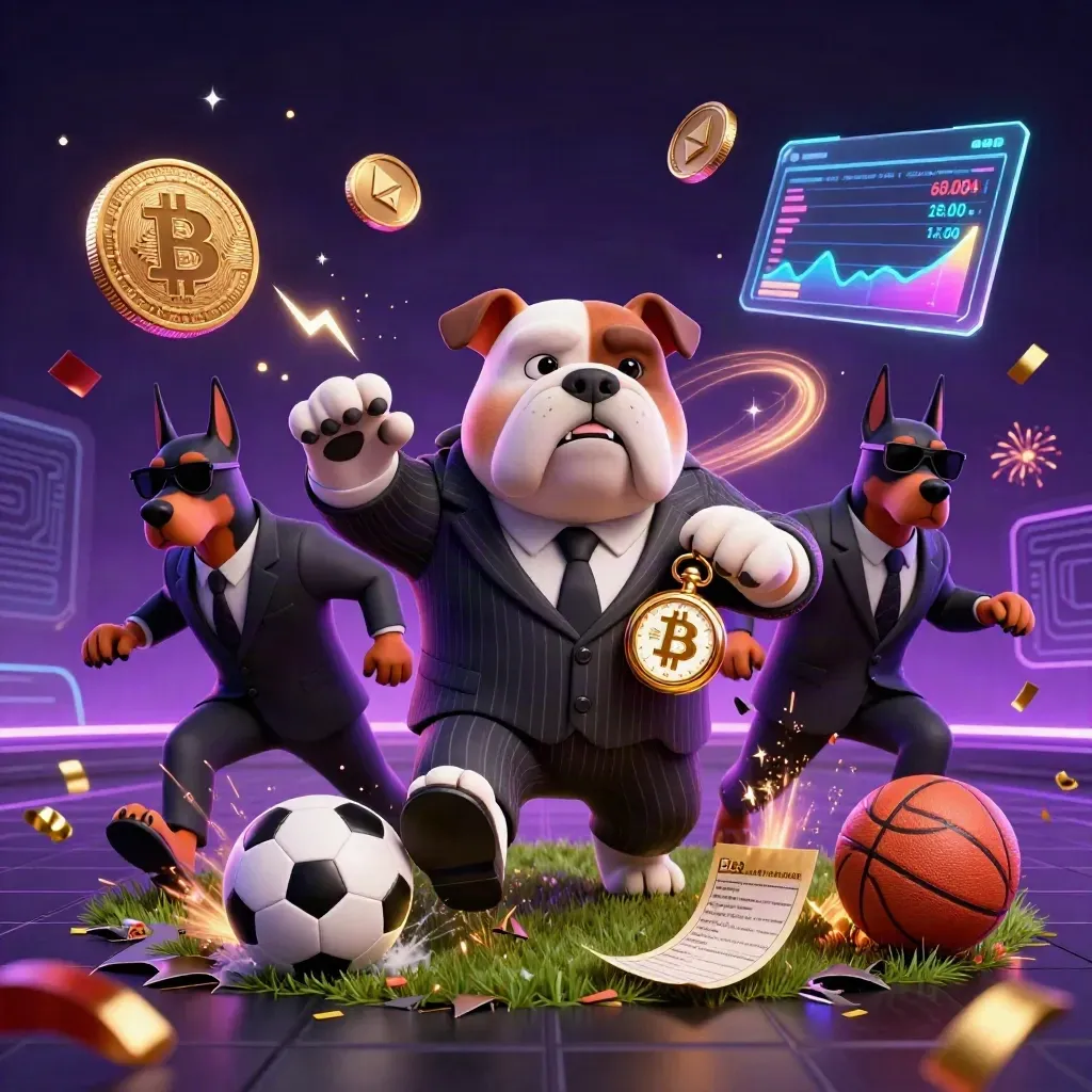 Bulldog boss and two Dobermans surge through neon sports chaos with coins and lightning.