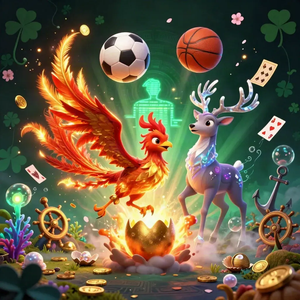 Fire phoenix, baby phoenix, crystal stag, coins, coral, cards, and glowing sports balls.