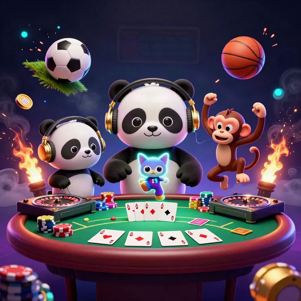 Panda DJ, breakdancing monkey, and glow-stick kitten amid poker chips, cards, and flying sports balls.