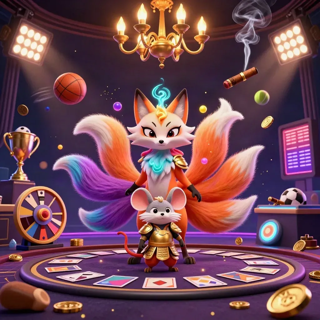 Nine-tailed fox spirit and armored mouse in a luxe casino room with coins, jewels, and neon sports props.