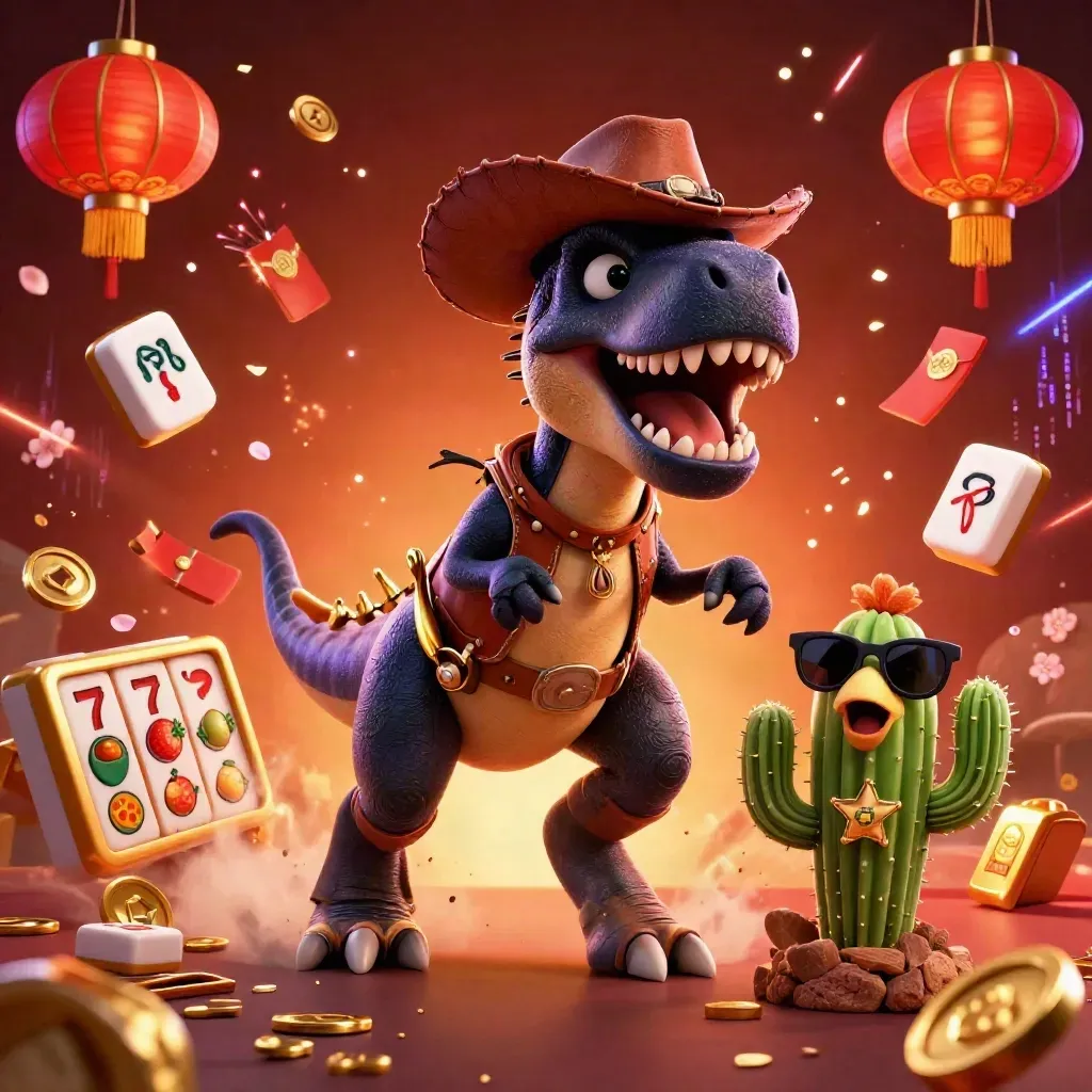 Cowboy T-Rex, cactus, and roadrunner burst through gold coins and lanterns in a neon casino scene.