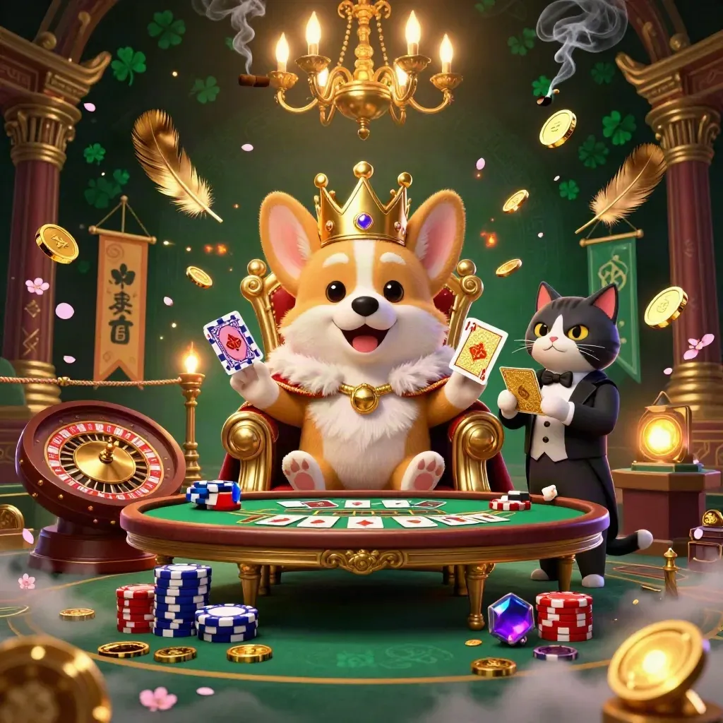 Crowned corgi and cat butler in a luxe casino room with roulette, cards, and glowing gold effects.