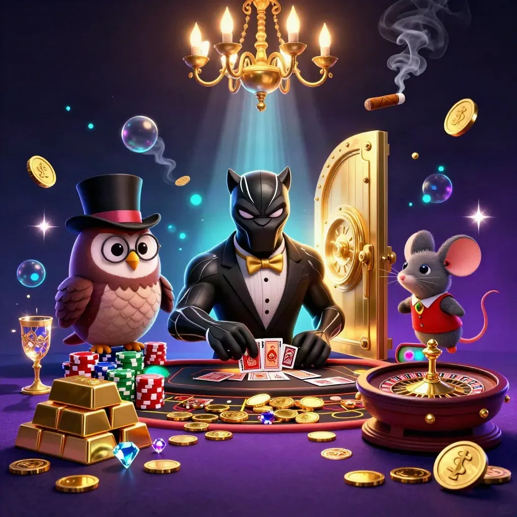 Panther, owl, and mouse in a luxe casino suite as vault light, gems, and gold explode around them.