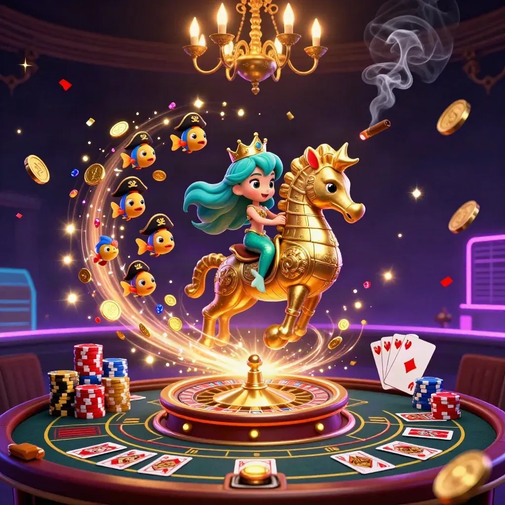 Mermaid princess on a golden seahorse amid coins, cards, chips and casino lights.