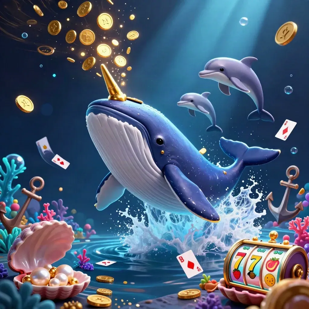 Whale captain, narwhal, and dolphins burst through gold coins in an underwater treasure cove.