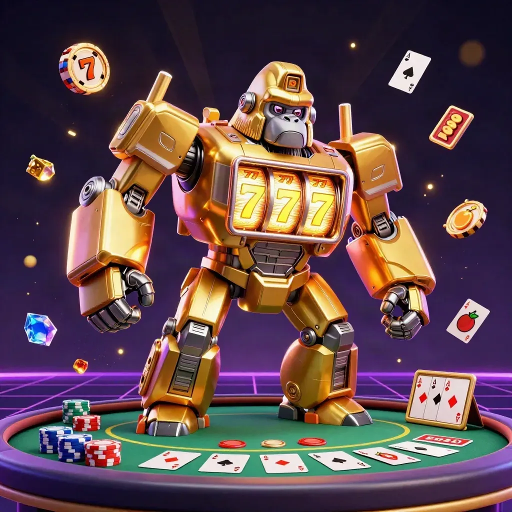 Golden gorilla mech with tiny monkey pilot, poker chips, cards, and neon casino effects.