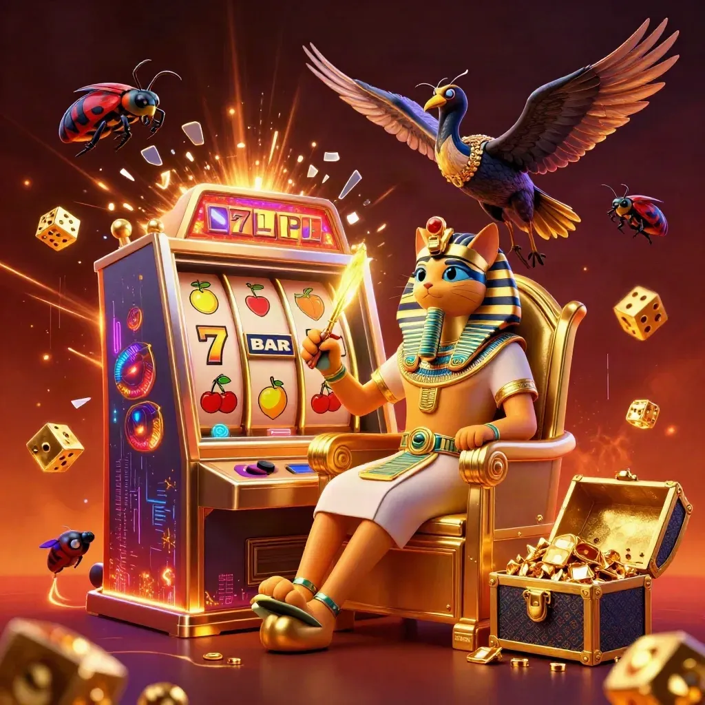 Pharaoh cat, ibis scribe, and gem-winged scarabs amid a bursting slot machine and gold treasure.