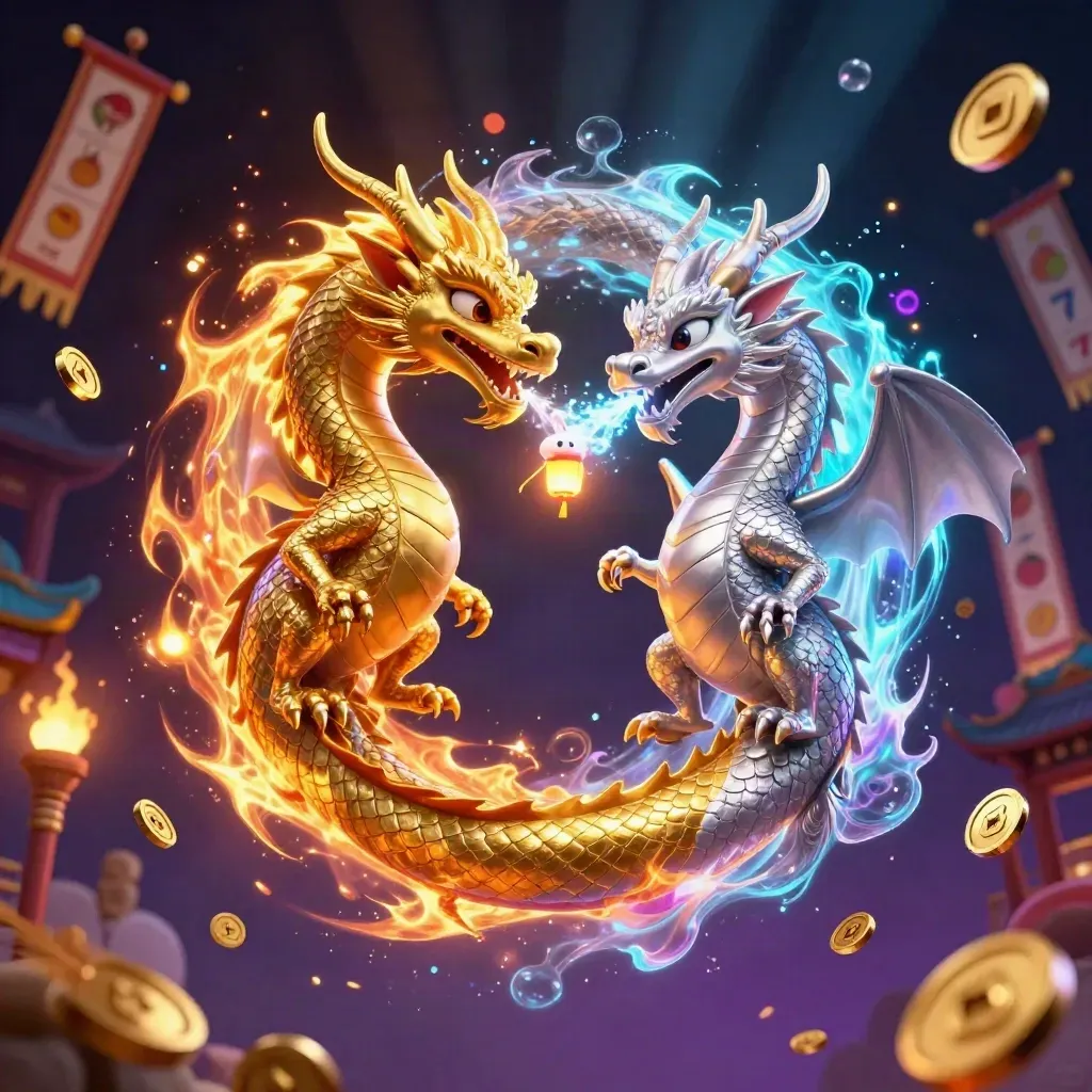 Gold and silver dragons spiral in fire and ice over a temple gate, coins and neon glow.