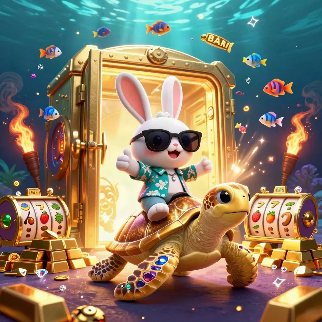 Lucky rabbit on a golden sea turtle amid treasure, gems, reels and glowing underwater light.