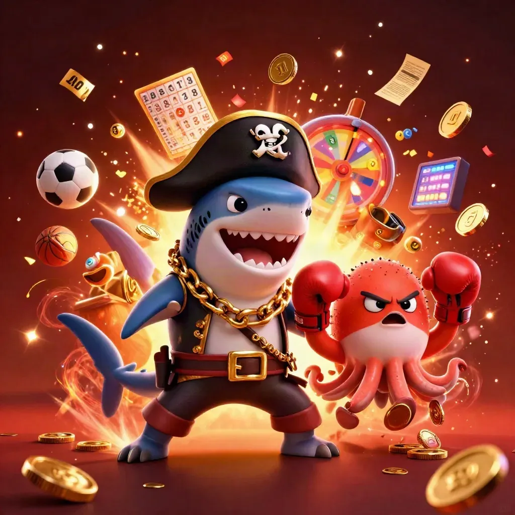 Shark pirate, pufferfish boxer, and octopus juggle coins amid casino fireworks