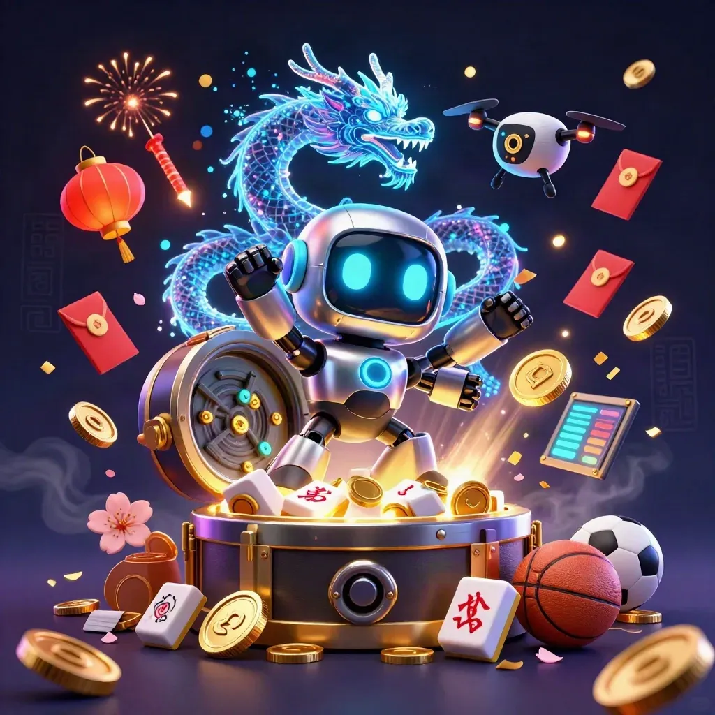 Robot, holographic dragon, and coin drone burst from a treasure vault amid gold coins and fireworks.
