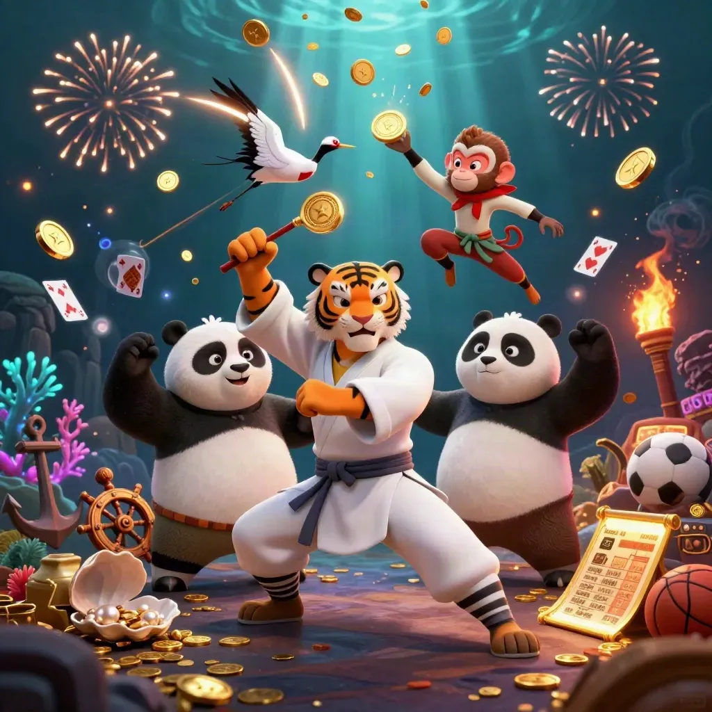 Tiger, panda, and monkey in a gold-filled underwater treasure burst with coins, coral, and sports props.