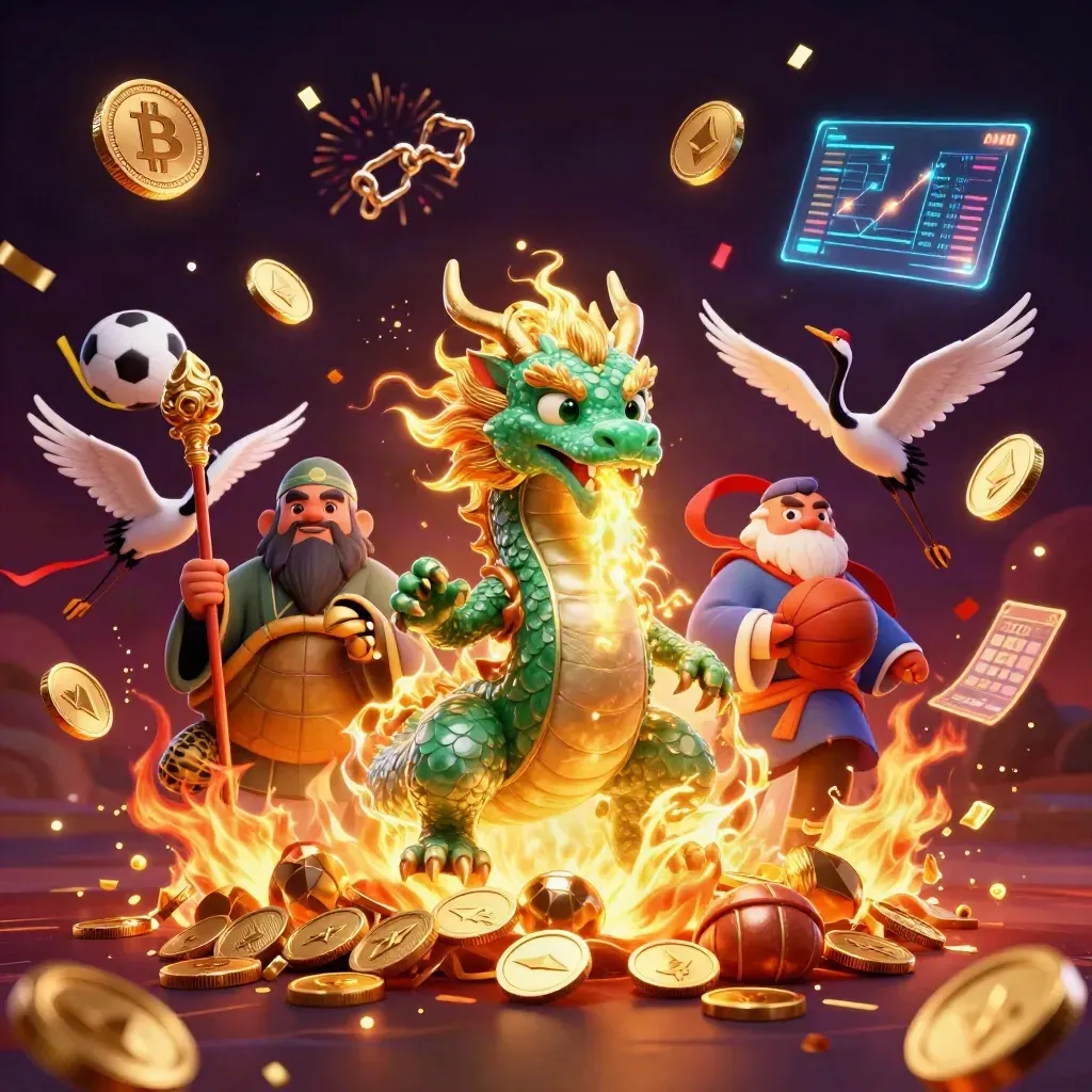 Emerald dragon, turtle sage, and cranes amid gold coins, fireworks, and casino betting symbols.