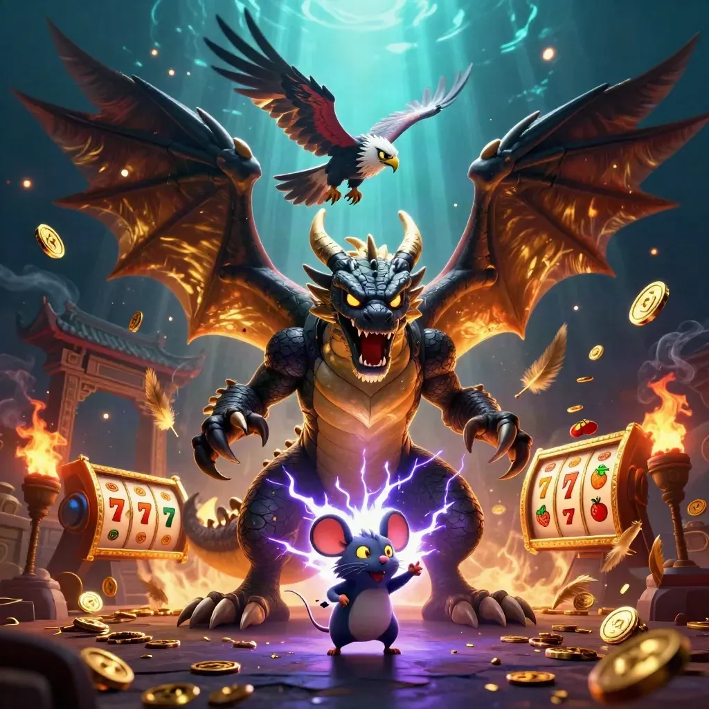 Thunder dragon, wind hawk, and static mouse amid temple gate, coins, and glowing casino sparks.