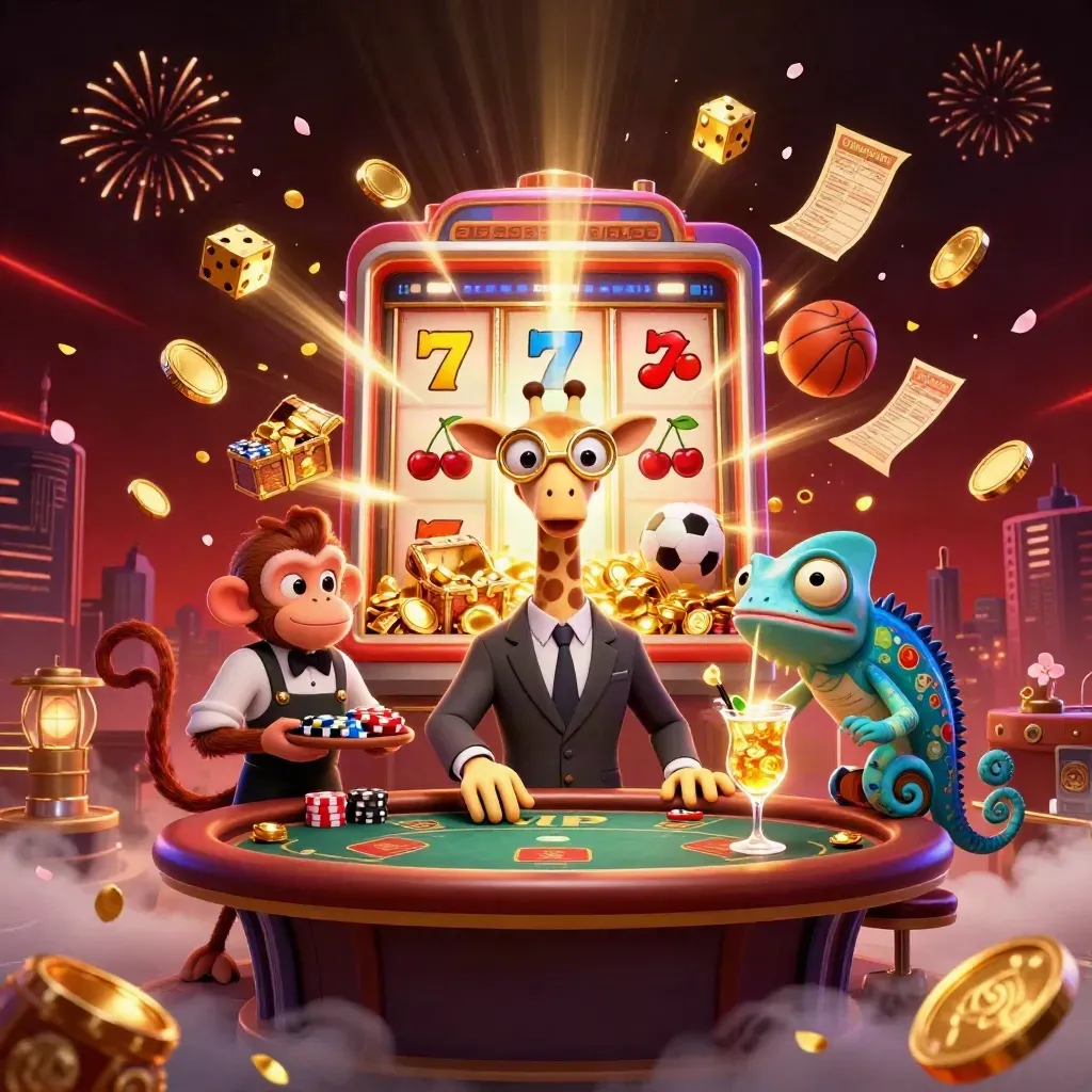 Giraffe, monkey, and chameleon celebrate amid bursting gold, coins, and fireworks in a dark neon casino.