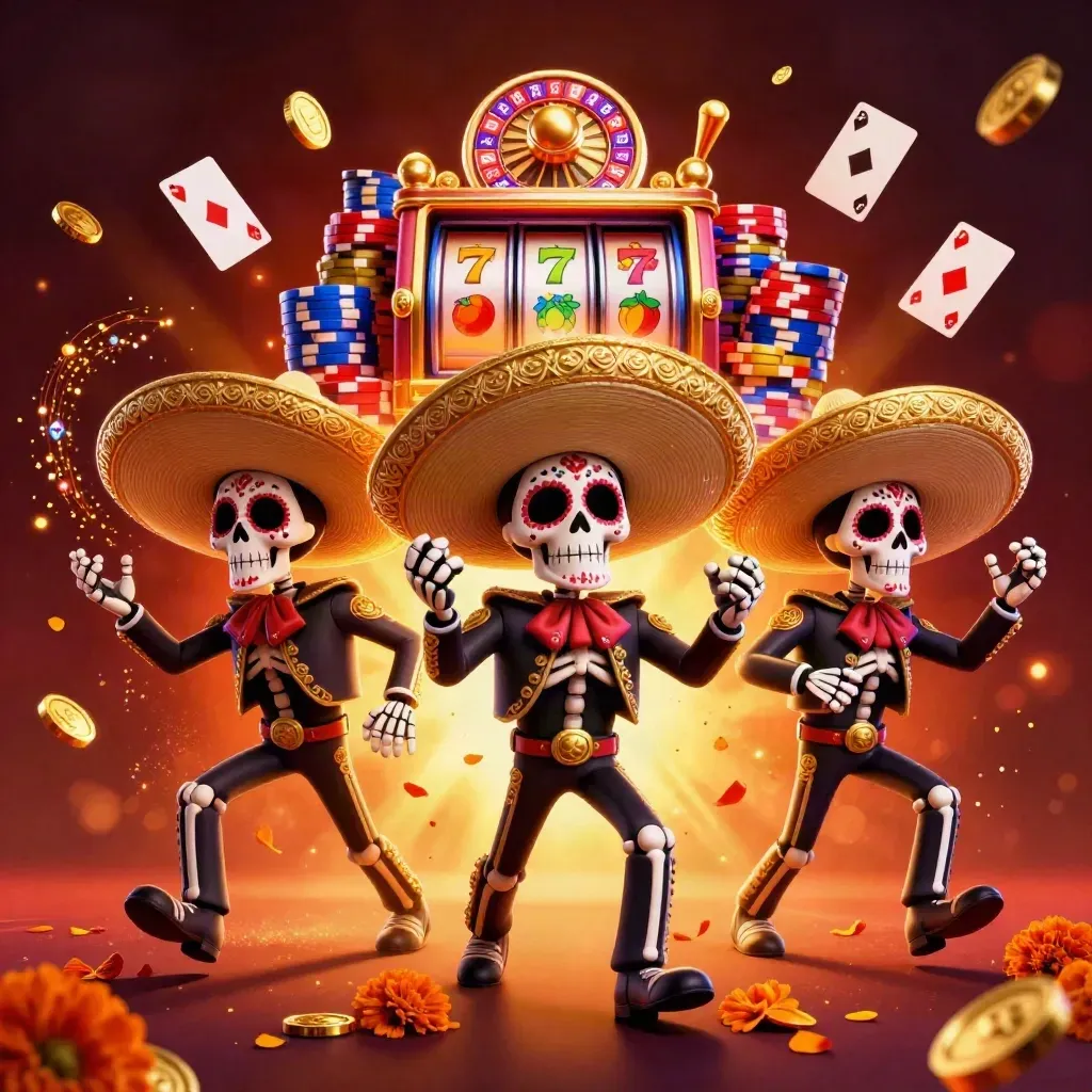 Three skeleton mariachi performers amid coins, cards, chips, roulette wheel, and fiery casino glow.
