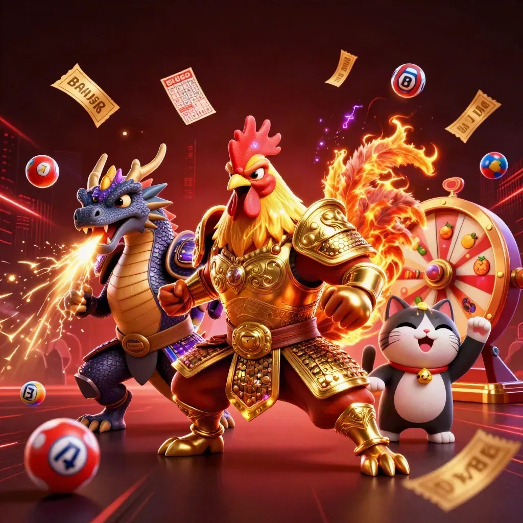 Rooster warrior, dragon hatchling, and fortune cat amid casino symbols and neon sparks.
