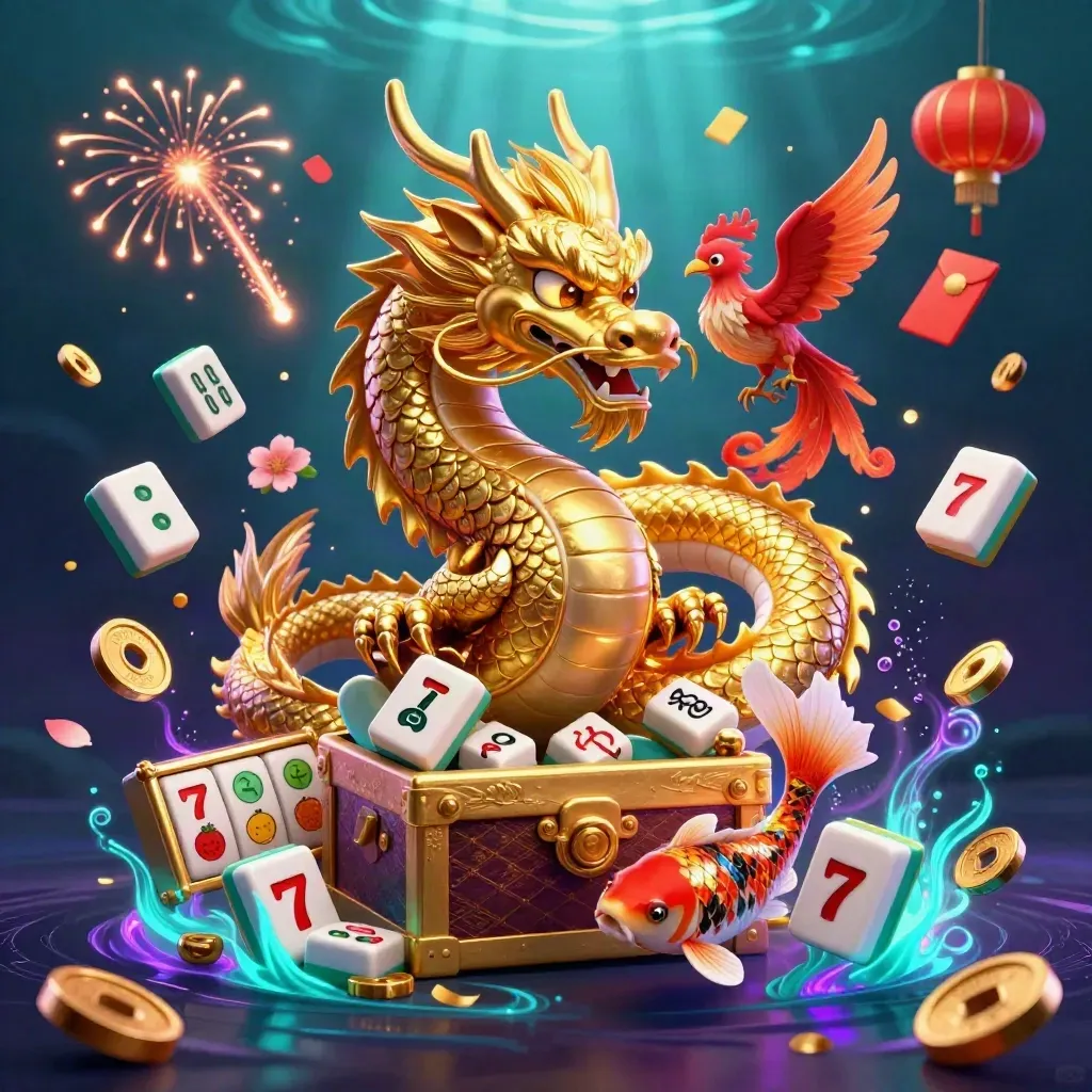 Golden dragon with phoenix, koi, treasure chest, coins, lanterns, and glowing underwater light
