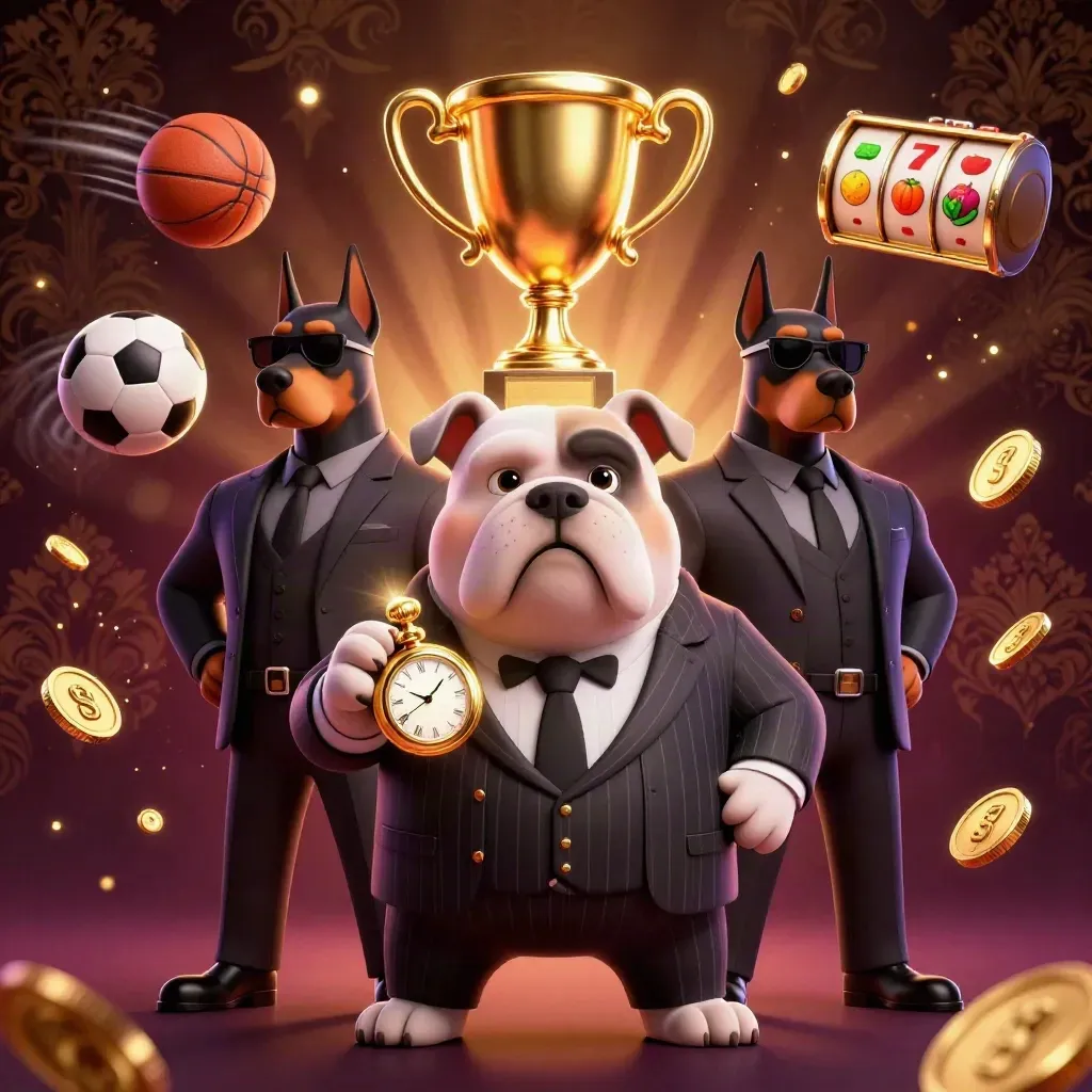 Bulldog boss and two Doberman guards amid flying sports balls, coins, reels, and gold casino glow