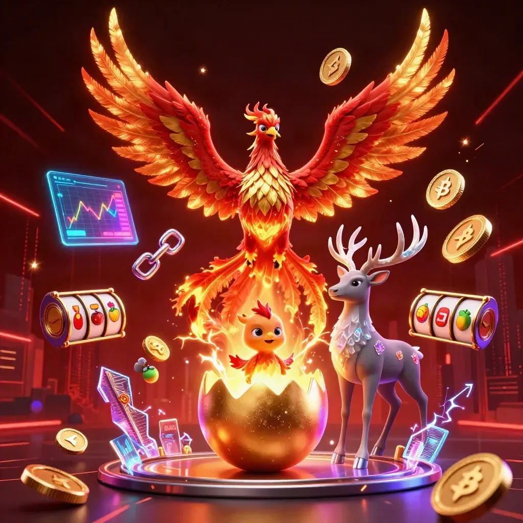 Fire phoenix, hatchling, and crystal stag amid coins, lightning, reels, and a dark neon skyline.