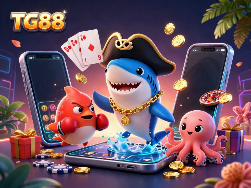 Experience the thrill of gambling with TG88's vibrant characters and gaming elements in this lively sea-themed illustration.