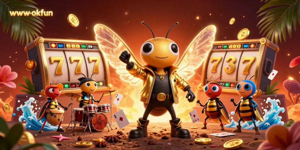 Play thrilling slots at www-okfun with vibrant characters and casino game elements in this engaging illustration.