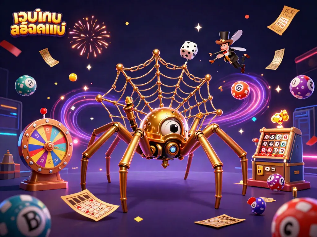 Engage with the vibrant scene of เว็บเกมสล็อตแท้ featuring a steampunk spider and exciting gaming elements.