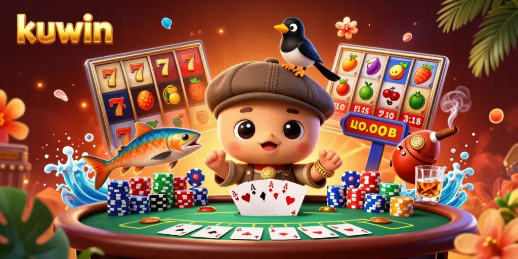 Kuwin-themed casino illustration with cute 3D cartoon characters and slot elements for gamers.