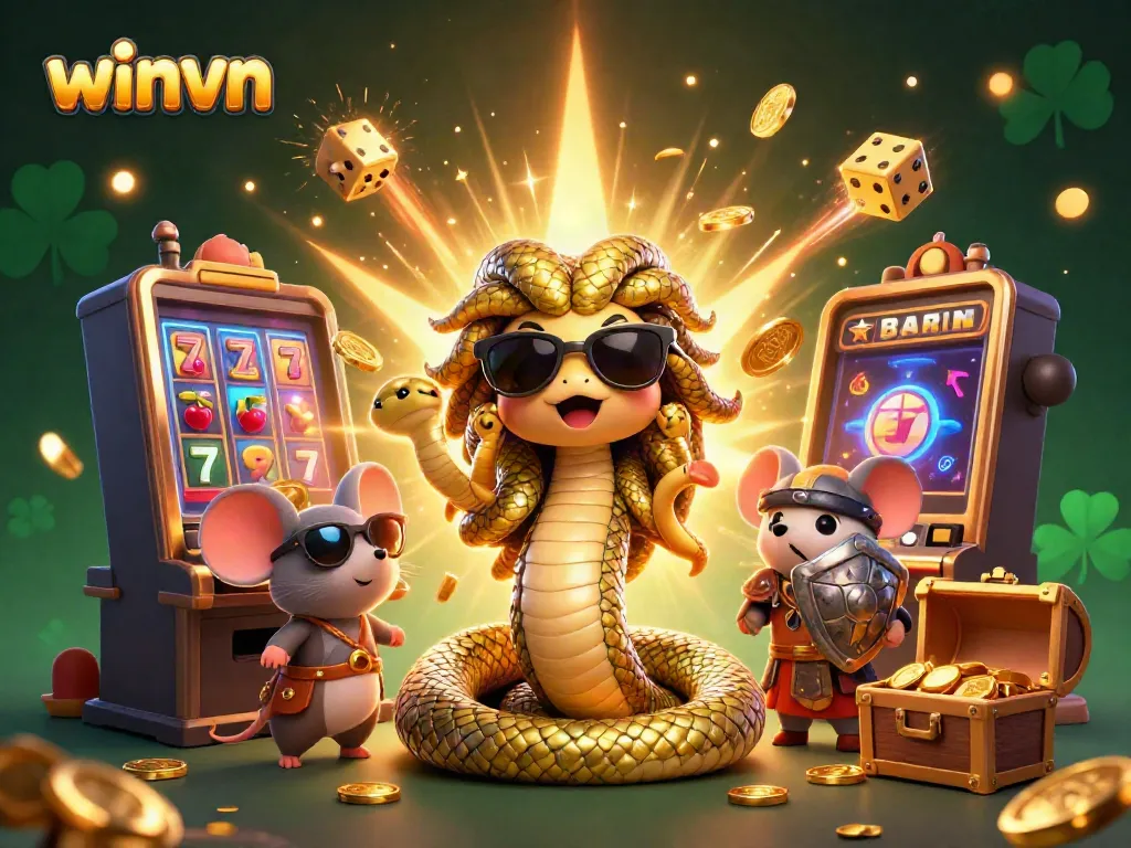 Experience the excitement of winvn with a jackpot explosion surrounded by lucky symbols and vibrant characters.