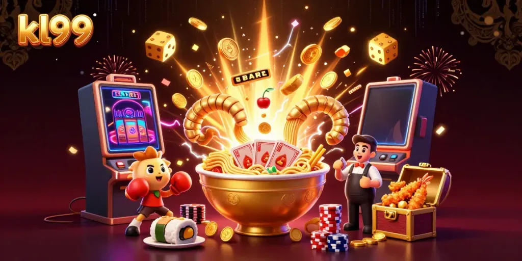 Experience excitement at KL99 with a vibrant, festive casino scene featuring animated characters and jackpot elements.