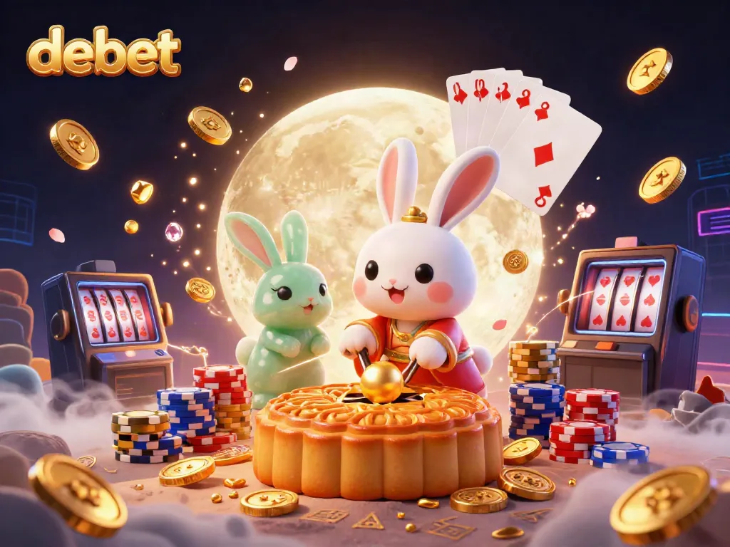 Experience gaming excitement with debet as the moon rabbit celebrates with poker chips!