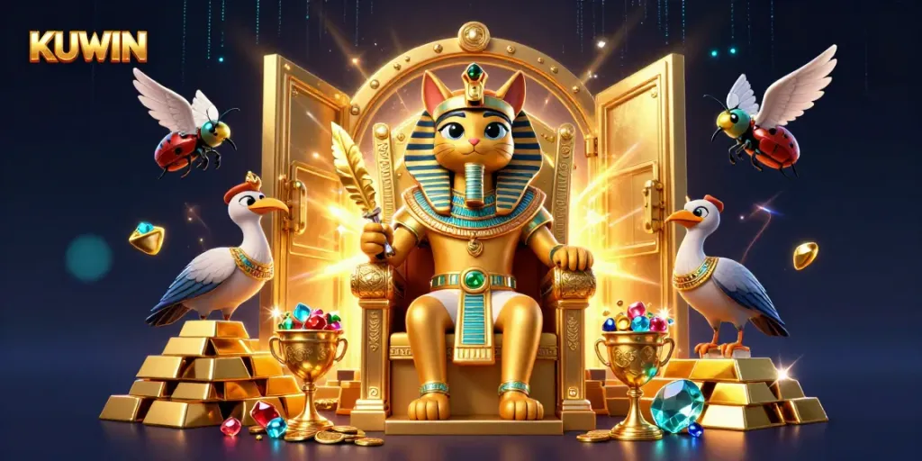 Experience the thrill of gaming at KUWIN with vibrant 3D illustrations of a Pharaoh cat and treasures.