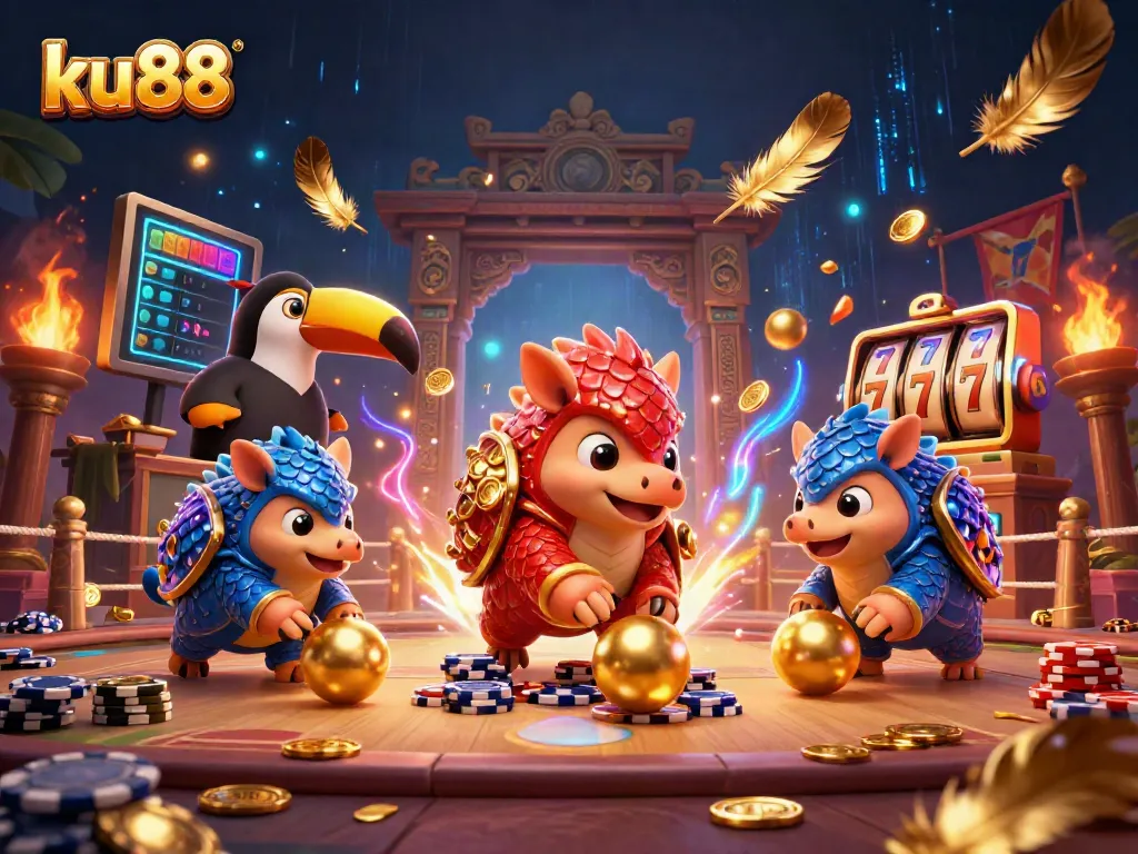 ku88-themed 3D cartoon illustration featuring rival pangolins bowling through poker chips and slot reels.