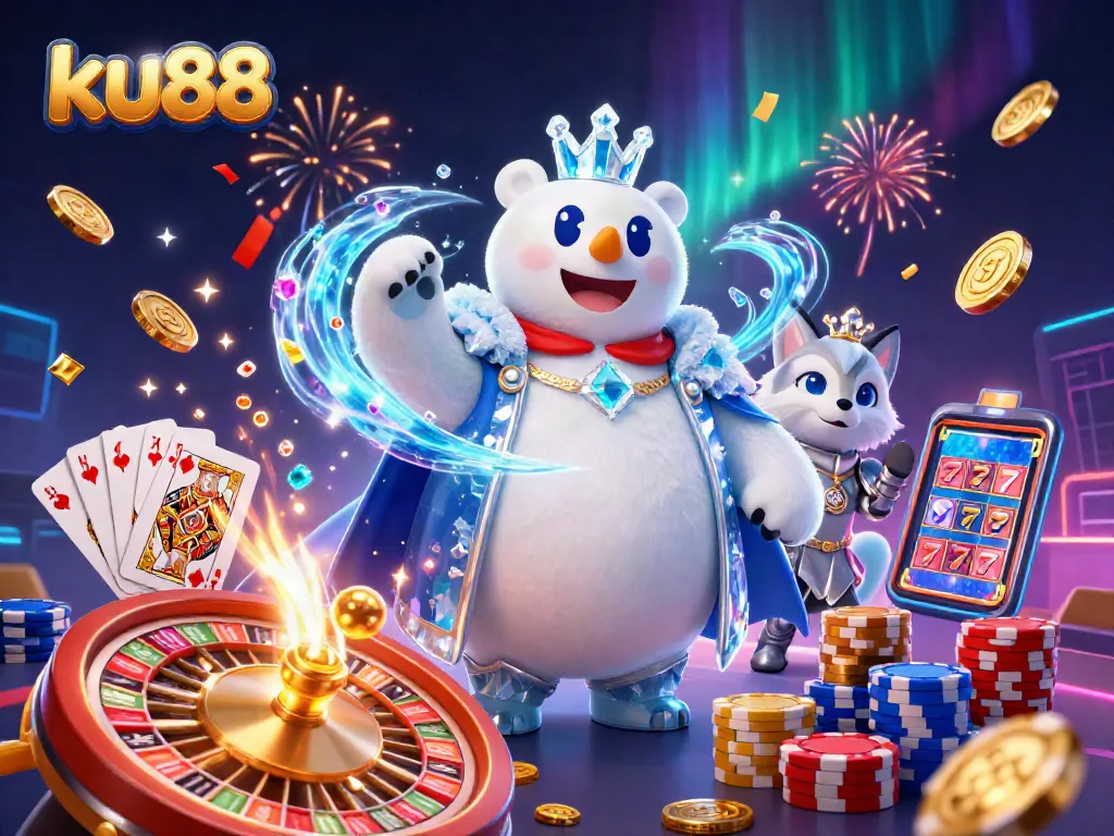 Engage with ku88 gaming action featuring 3D cartoon polar bear and vibrant casino elements.