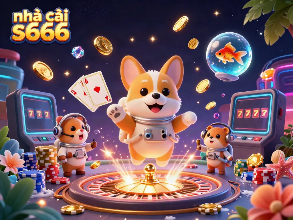 Experience the excitement of nhà cái s666 with a cartoon astronaut corgi in a vibrant casino setting.