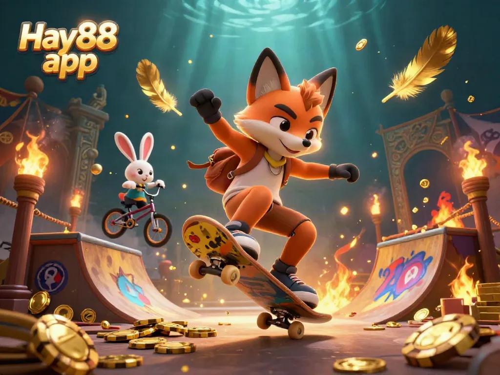 Experience thrilling moments with the Hay88 app, featuring a fun, interactive scene of animated casino characters.