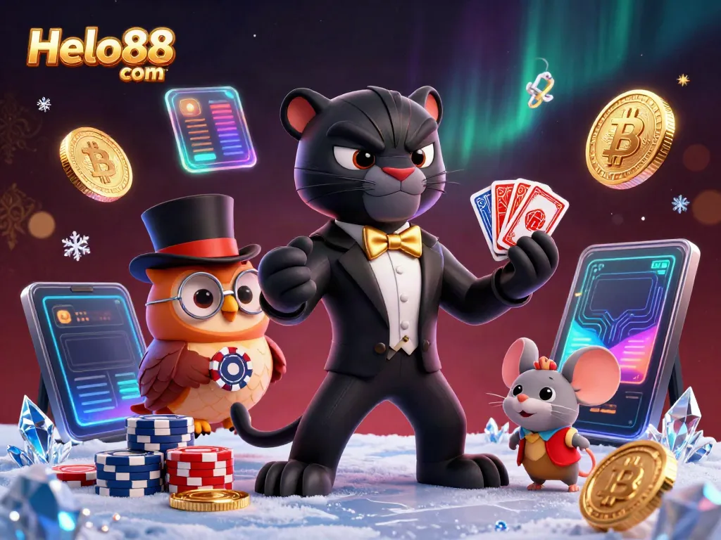 Join the winning action at Helo88 com with a panther dealer, owl, and lucky mouse surrounded by crypto coins.