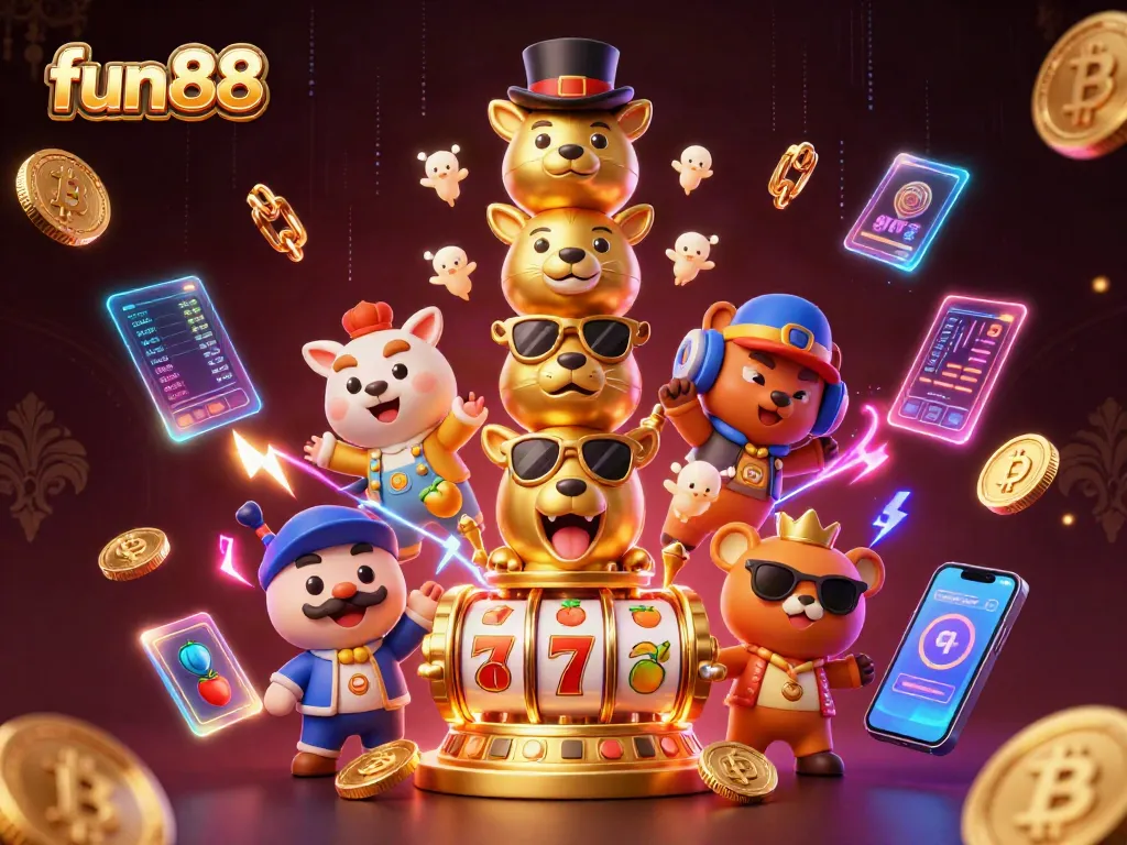 Win at fun88 with vibrant 3D characters, slot symbols, and crypto elements in a captivating casino scene.