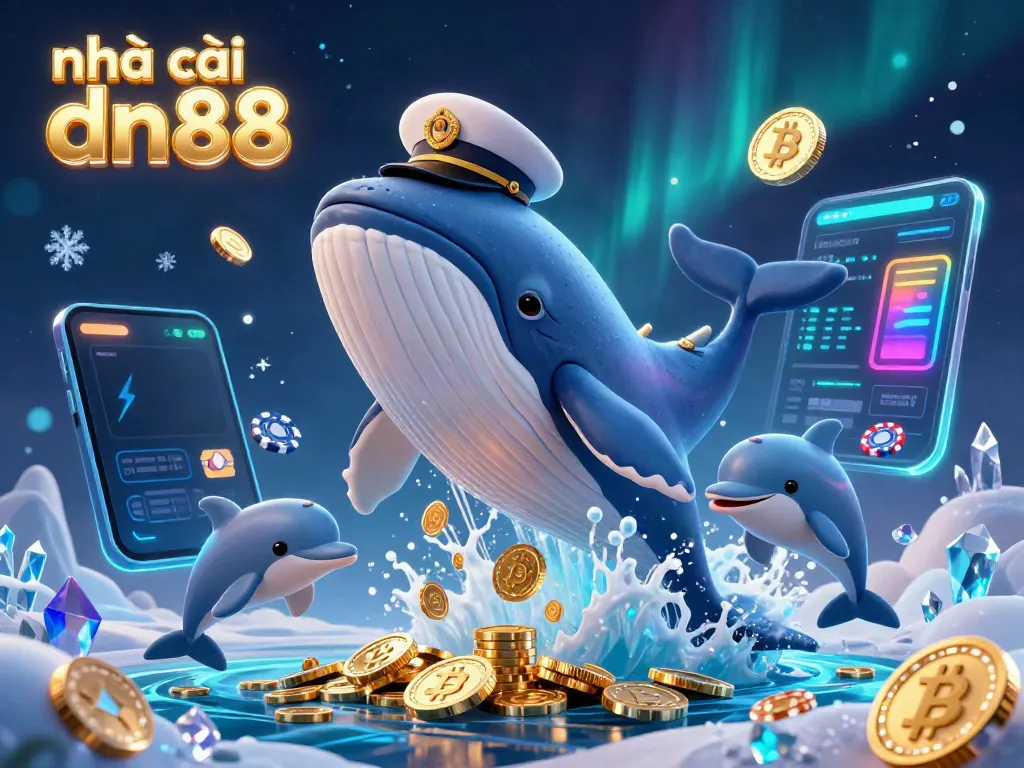 Experience the excitement of nhà cái dn88 with a playful casino-themed illustration featuring a whale, narwhal, and dolphins surrounded by coins.
