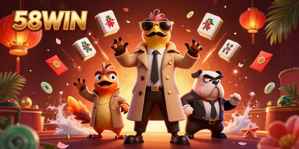 Experience high-stakes gaming at 58WIN with playful raptors entering a VIP lounge in a vibrant casino scene.
