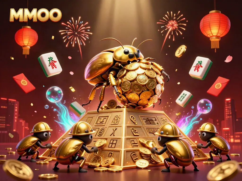 Join the excitement with MMOO as golden beetles celebrate winning casino games in this dynamic illustration.
