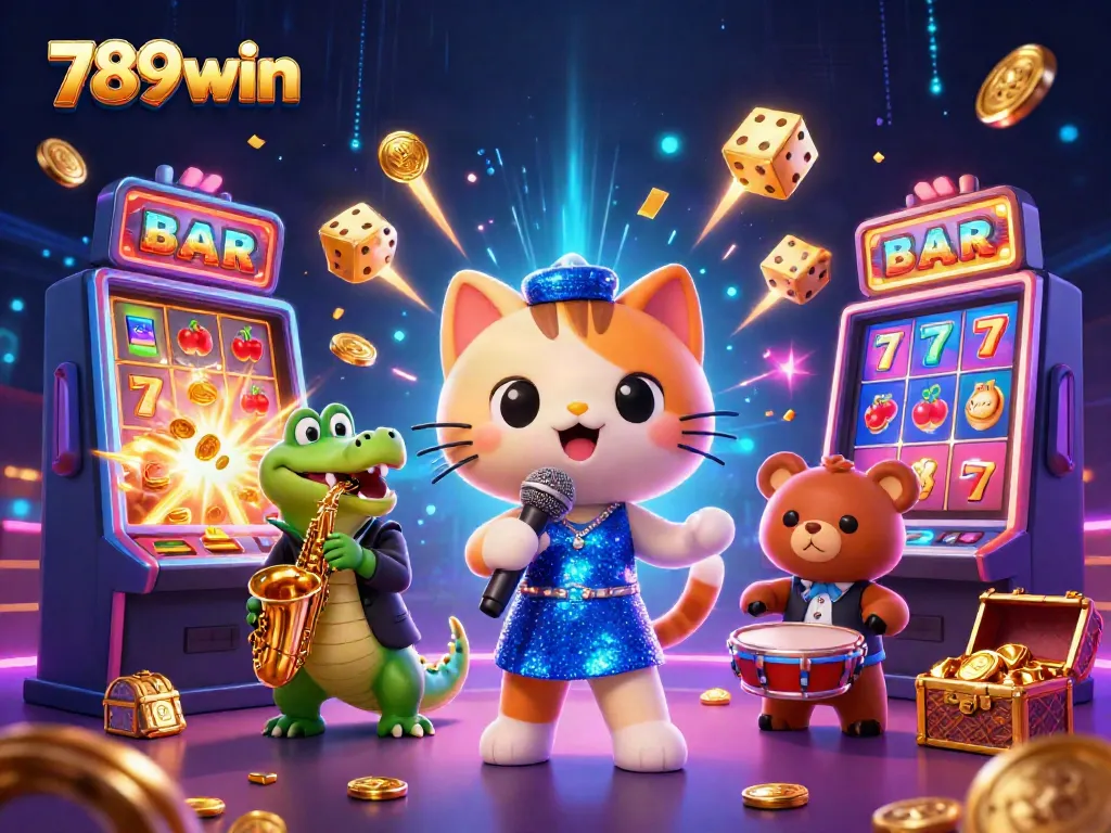 Experience the excitement of 789win with a vibrant casino scene featuring a jazz-singer cat and dynamic gaming elements.