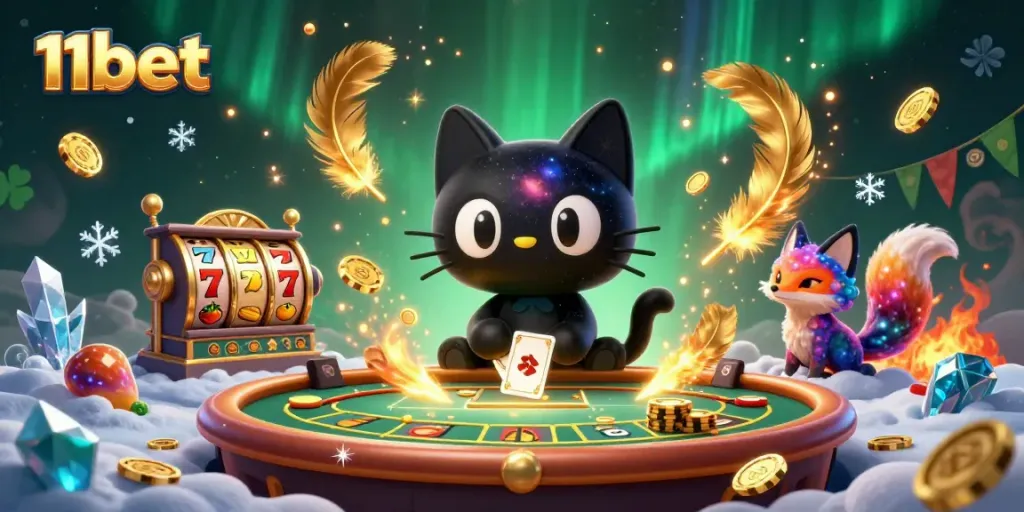 Engage with the vibrant 11bet casino scene, showcasing a cosmic black hole cat at a gaming table surrounded by animated elements