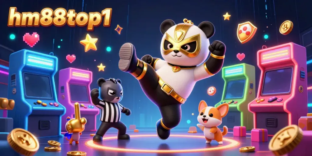 Experience thrilling action at hm88top1 with a lucha libre panda amidst vibrant casino elements.