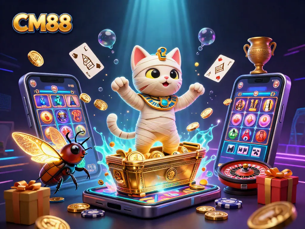 CM88 presents a 3D illustration of a cartoon mummy cat and scarab in a vibrant casino setting, emphasizing gameplay.