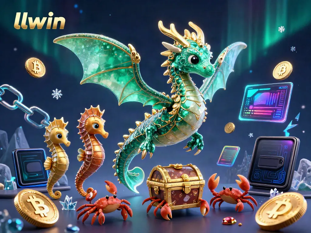 Engage with the LLWIN online gaming experience featuring a vibrant sea dragon and crypto elements in a captivating underwater setting.