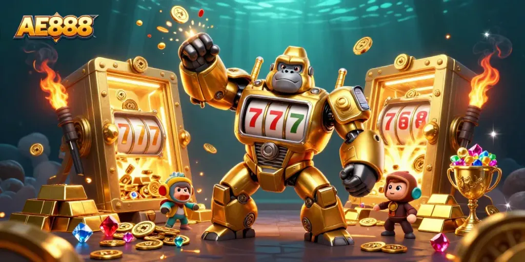 Experience the excitement of AE888 with a golden gorilla mech and treasure galore!