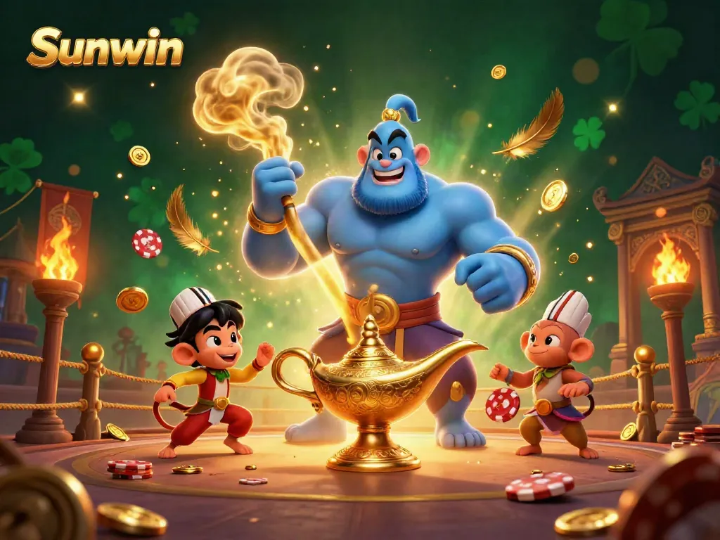 Experience the thrill of Sunwin in a vibrant 3D casino scene teeming with iconic gambling elements.