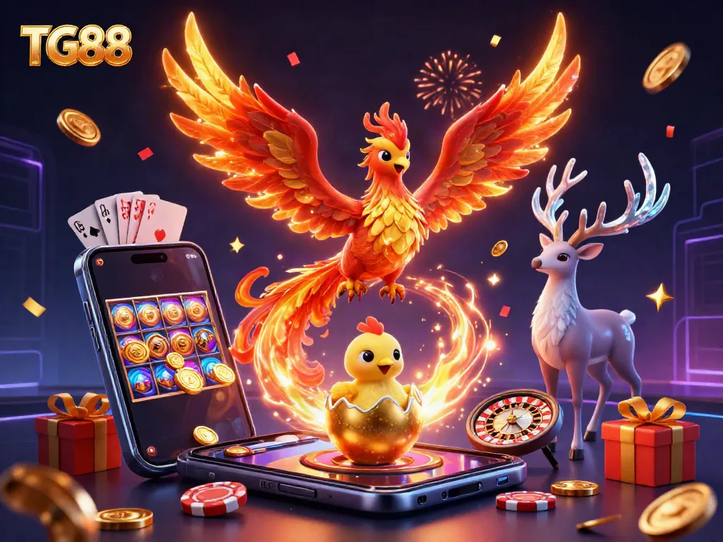 Experience the vibrant world of TG88 with a phoenix, baby chick, and stag amid gaming excitement.